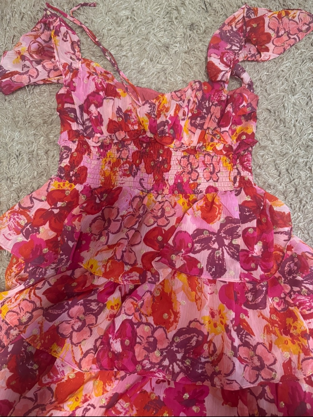 Carmen Marc Valvo Pink Floral Ruffle Sundress with Bright Floral Print